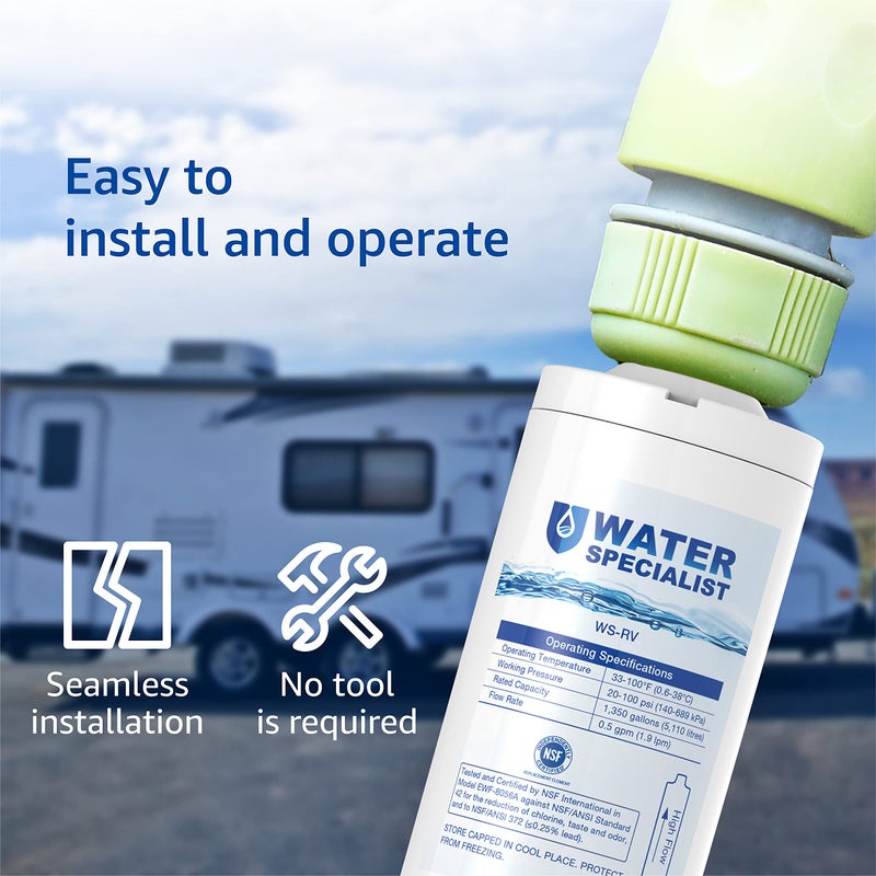 Waterspecialist فلتر مياه داخلي خاص بالسيارات الترفيهية، معتمد من NSF، يقلل من الكلور، والطعم السيئ والرائحة، والصدأ، والتآكل، والرواسب، والعكارة، مخصص للسيارات الترفيهية، عبوة واحدة من فلتر المياه مع واقي الخرطوم - Image 4